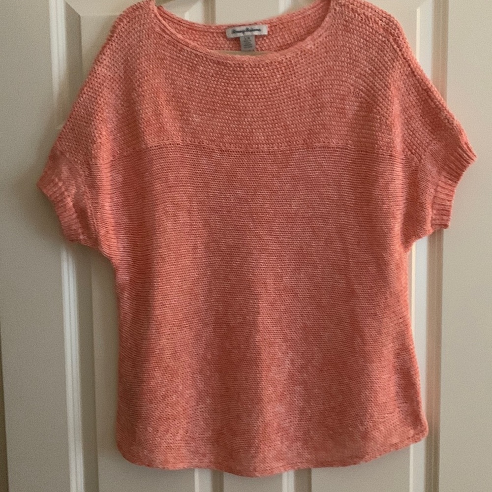 Tommy Bohama Semi-Open knit Short Sleeve Sweater Size Large. Color-Orange/white